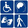 symbols for someone sitting in a wheelchair, a brain, sign language and someone walking with a (possibly white) stick