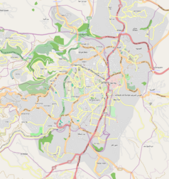 Mapa konturowa Jerozolimy, u góry nieco na prawo znajduje się punkt z opisem „Szu’afat”