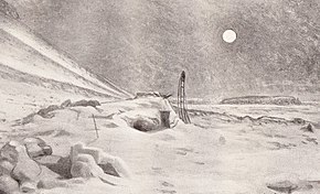 Vue d'artiste : une pleine lune se détache sur un ciel sombre ; sur le sol, un tas de neige présentant une petite ouverture carrée représente l'abri, avec un traîneau fiché dans la neige à l'extérieur. Les environs sont composés de neige et de champs de glace.