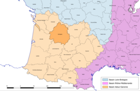 Localisation du département de la Dordogne sur la carte des bassins hydrographiques français.