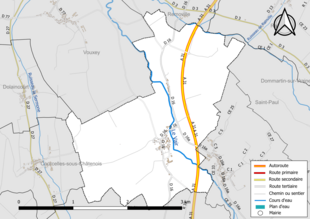 Carte en couleur présentant le réseau hydrographique de la commune