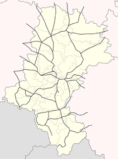 Mapa konturowa województwa śląskiego, w centrum znajduje się punkt z opisem „Tychy Lodowisko”