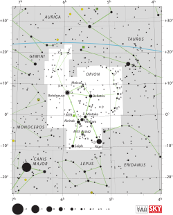 Diagram showing star positions and boundaries of the Orion constellation and its surroundings