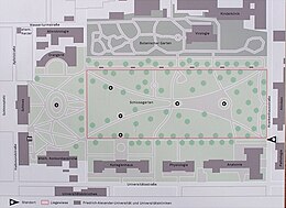 Der Schlossgarten im Homan-Plan von 1721. Deutlich sind die in den Wald geschlagenen Sichtachsen erkennbar und Lageplan des Schlossgartens in seiner heutigen Form