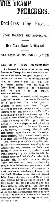 Scan of a 1910 newspaper article regarding Tramp Preachers, Doctrines, Methods, Money and Lapses