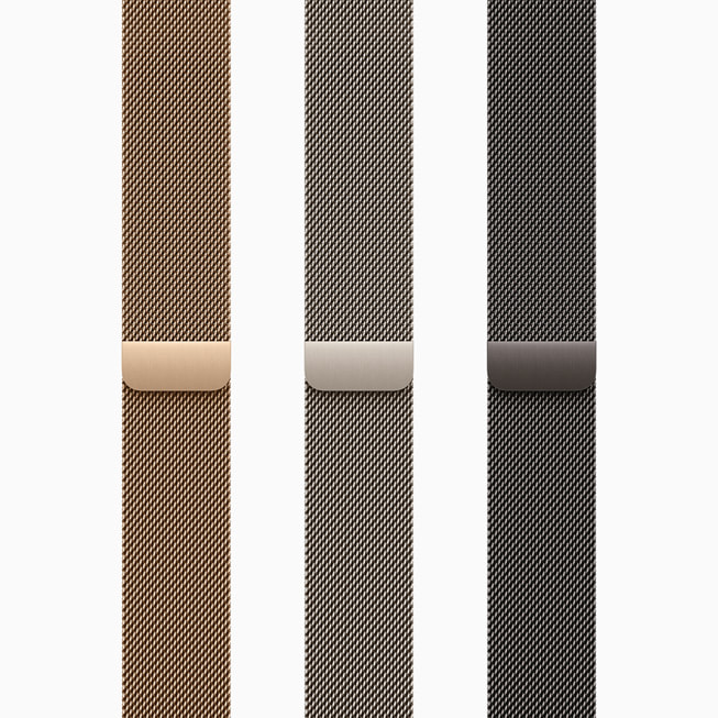 The Milanese Loop bands are shown in a range of finishes.