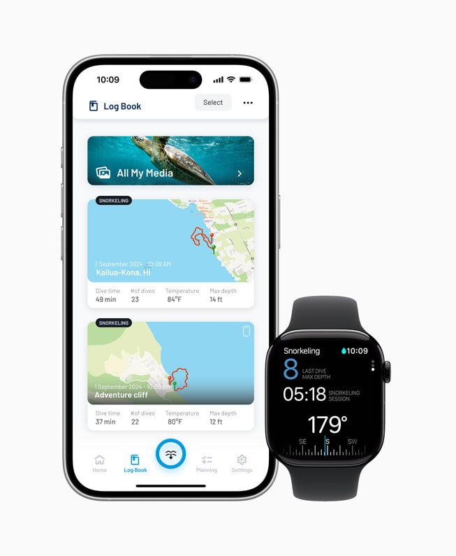 La app Oceanic+ en un iPhone 16 Pro y en un Apple Watch Series 10.