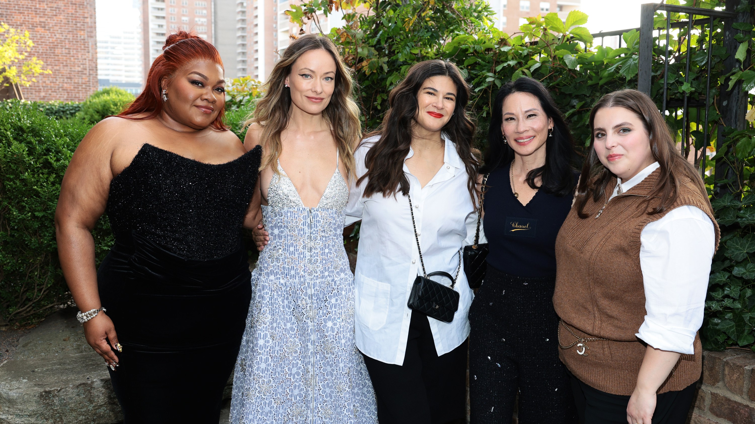 NEW YORK, NEW YORK - SEPTEMBER 19: (L-R) Da’Vine Joy Randolph, Olivia Wilde, Joanna Calo, Lucy Liu and Beanie Feldstein attend Through Her Lens: The Tribeca CHANEL Women's Filmmaker Program Cocktail at Greenwich Hotel on September 19, 2024 in New York City. (Photo by Dimitrios Kambouris/WireImage)