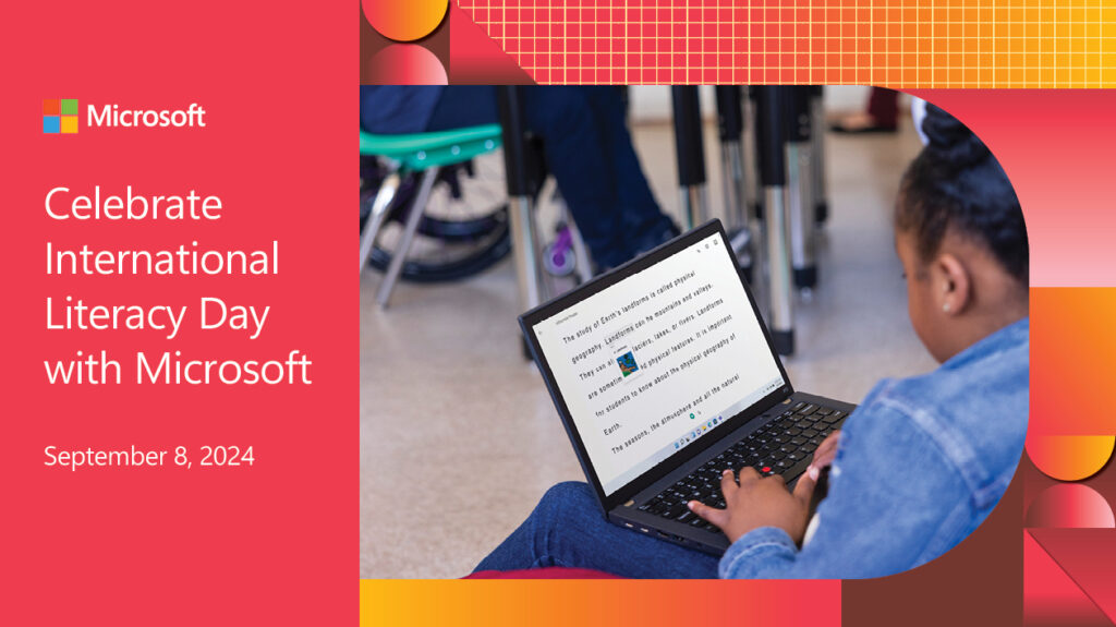 Decorative. An elementary-aged student sitting in a school classroom and working on a laptop. The image is framed by orange and yellow graphics and includes the Microsoft logo.